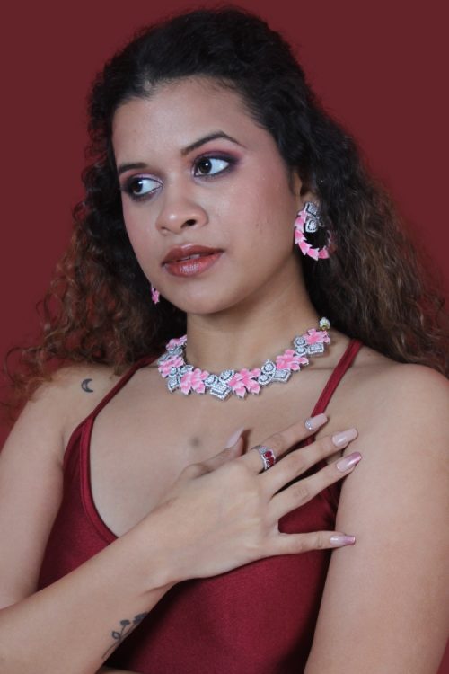 Pink And Silver Crystals Necklace Set with Earrings for Women