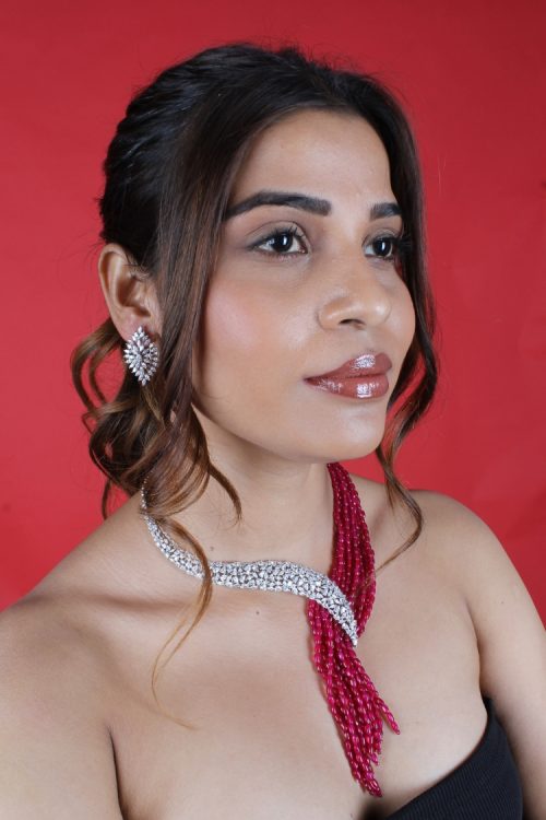 Red Pearls & Beads Long Jewelry Necklace Set with Earrings for Women