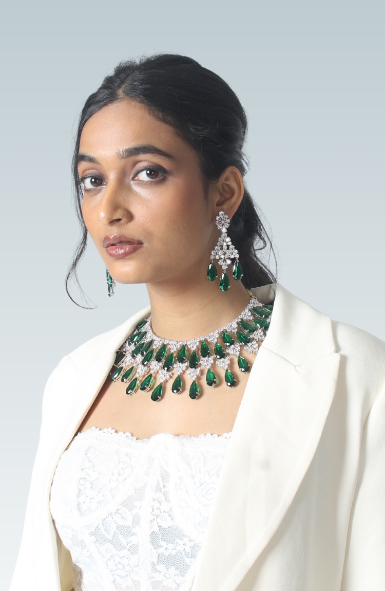 Pearl Green Stones & Diamonds Embellished Necklace & Earring Set For Women