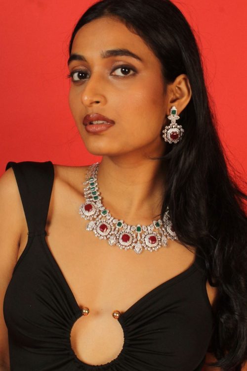 Silver-Toned White Cubic Zirconia & American Diamond studded Necklace and Drop Earrings Jewellery Set for women