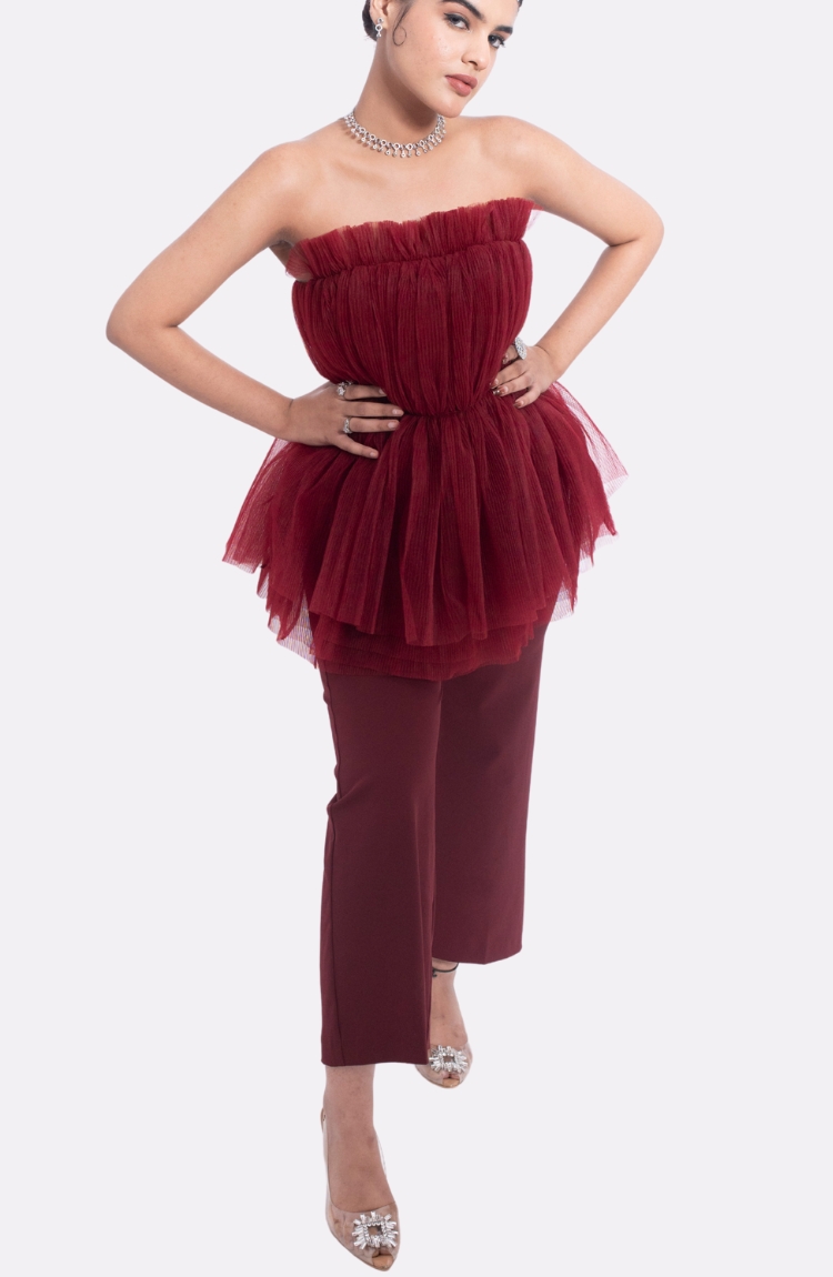 Women Solid Maroon Wide Leg Pants - Image 2